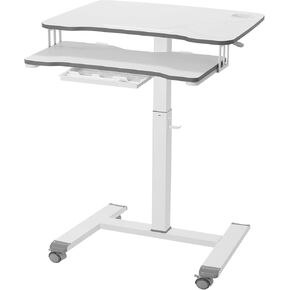 ETHU Mobile Standing Desk with Keyboard Tray,Computer Workstation, Height Adjustable Laptop cart on Wheels Rolling Desk for Home Office(White)