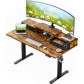 Marsail Electric Standing Desk with Drawers, 55″ x 28″ Height Adjustable Sit Stand Up Desk with Storage Shelf, Ergonomic Home Office & Computer Table with 4 Memory Heights, Rustic Brown