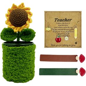Teacher Appreciation Gifts Set – Crochet Sunflower Pen Holder, Mushroom Bookmarks, Charm Bracelet, Thank You Gift for Women Book Lovers