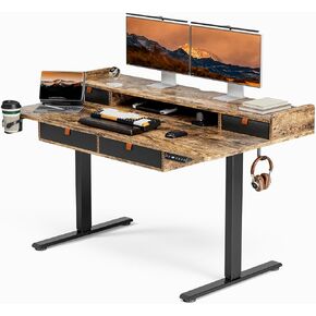 55x30 Inches Standing Desk with Drawers,Adjustable Height Desk with 4 PU Drawers,Double Storage Shelvers Sit Stand Up Desk,Home Office Computer Desk(Rustic Brown)
