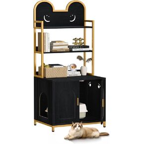 Snughome Cat Litter Box Enclosure with Storage Shelves, Indoor Hidden Cat Litter Box Enclosure Furniture, Wooden Cat Washroom Furniture Cabinet with Metal Frame, Modern Style, Black and Gold