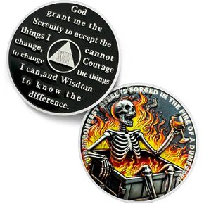Chill Dumpster Fire Skull Sobriety Coin - The Strongest Steel is Forged AA Coins - Recovery Addiction NA AA Chips and Medallions - Celebrate Clean Narcotics Alcoholics Anonymous Gifts for Men Women