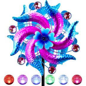 Solar Garden Wind Spinner مع كرة زجاجية LED متعددة الألوان - زهرة مزدوجة زهرة ساحة ساحة حصة - زخرفة كبيرة في العشب ، الديكور في الهواء الطلق (60 بوصة)