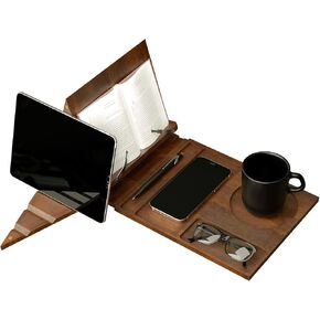 Bamboo Book Stand حامل للقراءة ، راحة الكتاب ، الكتب القديم ، موقف خادم مع كوب ، نظارات ، حامل هاتف القلم ومقاطع الصفحة للمطابقين ، غرفة نوم ، مطبخ ، هدايا لعشاق الكتب
