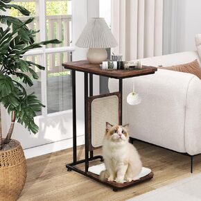 Giantex Cat Scratfer Scratfer Table ، طاولة نهاية على شكل C مع لوحة خدش القط ، وسادة قابلة للغسل ، كرة Jingling ، الإطار المعدني ، برج Table Tare Tree لغرفة نوم غرفة المعيشة ، بني ريفي