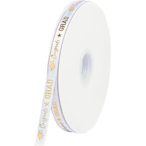 Voeveca Graduation Ribbon,100 Yards x 3/8 Inches Congrats Grad White&Gold Satin Ribbon Use for Gift Wrapping,Graduation Party Decoration (White, 3/8 inch)