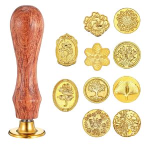 ouligay 11 PCS Gold Wax Stamp Seal Kit ، طوابع ختم الشمع مع مقبض خشبي لـ Wendding Birthday Letter Clats.
