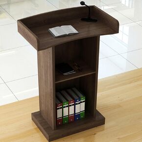 Wood Podium Stand, Podium Stand with 2-Tier Shelves, Standing Lectern Desk for Presentation Church Classroom, Pulpit with Dual Cable Holes (Oak Color)