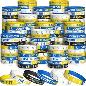WATINC Down Syndrome Awareness Silicone Bracelets, Blue Yellow Ribbon Stretch Wristbands,Motivational Inspirational Rubber Bracelet Theme Charity Fundraisers Events Gift for Men Women Teen (48Pcs)