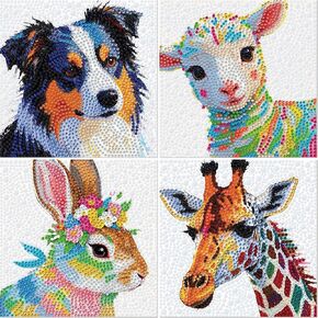 Lesaonsy Animal Diamond Painting Art Kit for Kids ، 4 حزم ، 5D Gem Art Craft (Dog ، Lamb ، Bunny ، Giraffe)