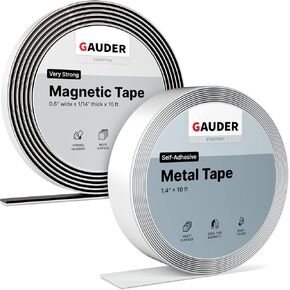 GAUDER METAL TAPE + BUNDLE BUNDLE | شرائط مغناطيسية ذاتية اللصق (0.6 "× 1/14" × 10 قدم) وشرائط معدنية (10 قدم) | شريط فيروس ولفائف المغناطيس