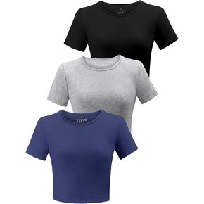 3 Pack Women's Crop Tops Workout Tshirt Cotton Short Sleeve T Shirts Cropped Basic Tees