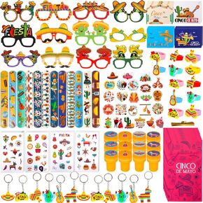 120 PCS Fiesta Party Favor ، هدية الحفلات المكسيكية للأطفال ، Cinco de Mayo Eyeglasses ، سلاسل المفاتيح ، ختم ، تبادل مدرسة Slap Bracelets Archand for Cinco de Mayo Birthday Party Supplies