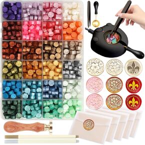 مجموعة أدوات شمعية شمعية مع 24 لونًا من شمع الختم حبات 600 ٪ ، 3pcs (كرز/القلب تاج/زنبق الوادي) مع مجموعة دافئة كهربائية لدعوة الختم ، عيد الميلاد ، تغليف الهدايا (مجموعة الطوابع ثلاثية الأبعاد)