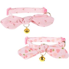 2 Pcs Pink Cotton Bowtie Cat Collars, Female Cat Collar with Removable Bowtie Kitten Collar and Bell Adjustable Breakaway Kitten Collars