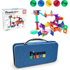 Picassotiles 100pc RACBER RACE TRACK + CARRY CASE BUNDLE: Steam Educational Playset for Kids تشمل منظم تخزين السفر - لعبة التعلم المرح ، التصميم الإبداعي ، التنمية الحسية
