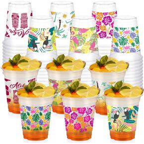 60 حزمة هاواي حفلة Luau Tiki ، 12 أوقية أكواب بلاستيكية يمكن التخلص منها مع Tiki Aloha Flamingo Hibiscuss prints for Home Kitchen Home