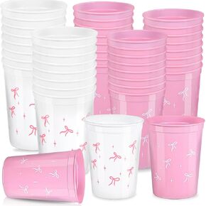 24pcs Pink Bow Coquette Coquette Coups Pink Bow Prident Party Party Decorations 12 Oz قابلة لإعادة الاستخدام Pink Bow Party Curpsible For Girl Bachelorette الزفاف الزفاف للاستحمام الطفل اللوازم اللوازم