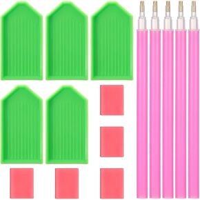 Ymapinc 15 PCS Diamond Art Pens Tools with 5 Drill Pen, 5 Tray, Glue Clay, Diamond Art Accessories Pens for Kids Adults DIY Crafts (Red, Pink, Green)