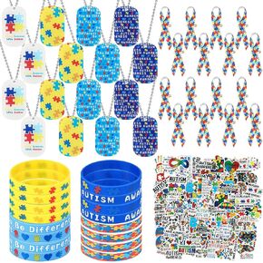 114 PCS Autism Awarness Tharence Tags Tit Pittull Puzzle Pitcities Accorivational Autism Exclseory مع علامات الكلاب الأكريليك ، وسوار المطاط ، ودبابيس الأشرطة ، وسلسلة ، وملصقات لجمع التبرعات الخيرية