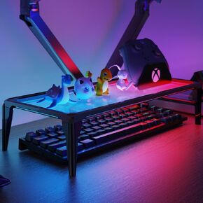 رف مكتب ألعاب Yagee RGB لذراع الشاشة ، وملحقات إعداد غرفة الألعاب الباردة للبث والعروض الإلكترونية ، وقصة زجاجية أسود ، و 16 × 7 بوصات