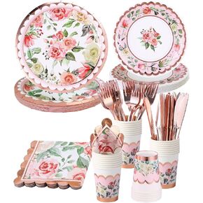 Vintage Floral Party Supplies Rose Gold for Mother's Day - Serves 16 - Includes Flower Paper Plates Cups Napkins Knifes Forks for Baby Shower Bridal Shower Wedding Birthday Decorations Tea Party
