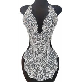Big Front Bodice Beaded Patches Appliques Lace Sewing Crystals Beads Rhinestones for DIY Costumes Wedding Evening Party Dress Prom Crafts (White)