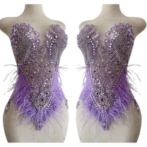 Pure Handmade Bodice lace Rhinestones Applique Sewing Stones Beads Crystal Trimming Patches Accessories for Wedding Dress Ostrich Feather Decorations 13.7X22inches1pcs/bag (Violet)