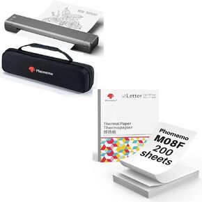 Phomemo Inkless Portable Printer Grey & US Letter Folding Thermal Paper Size 8.5" x 11",200 Sheets & Case, Inkless Thermal Compact Printer, Compatible with Android and iOS Phone & Laptop