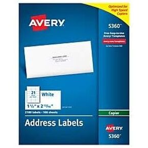 علامات العناوين الدائمة Avery Copier ، 5360 ، 1 1/2 "× 2 13/16" ، أبيض ، حزمة 2100
