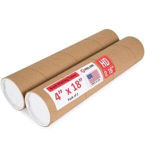 4" x 18" Heavy-Duty Reinforced Cardboard Mailing Tube, Pack of 2 Tubes with 4 Caps – Secure USPS Approved – Great for Shipping and Storing of Prints, Artwork, Posters or Documents