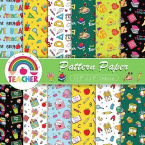 Konsait 24 Sheets Teacher Appreciation Week Scrapbook Paper 12x12 Double Sided Cardstock Thank You Teacher Colorful Patterned Papers Decorative Cardstock for Card Making Scrapbook Supplies