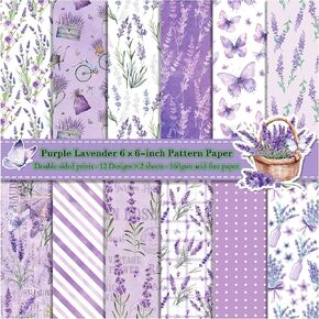 Cardstock Paper 6x6, 24 Sheets Double sided Scrapbook Paper Pad, Purple Lavender Butterfly Floral Pattern Paper, 12 Designs, 160gsm Specialty Decorative Craft Paper DIY Scrapbooking Supplies