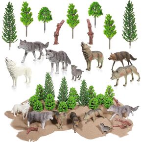 Sratte 26 Pcs Woodland Wolf Figurines Toys Small Wolf Figures with Model Trees Kit Playset Cake Toppers Diorama Project Kit for Kids Toddlers Birthday Gift Decor