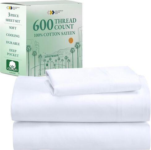 California Design Den Queen Sheet Set - Luxury 600 Thread Count Sateen, 100% Cotton Deep Pocket Queen Sheets with All Around Elastic, Hotel Quality Bedding Set - White in Kuwait