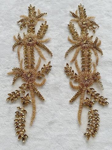 Handmade Shining Rhinestones lace Applique Patches Sewing Beads Sequins Stone Trim Accessories for Wedding Dress 1Pair/Bag 17.7X5inches (Champagne) in Kuwait