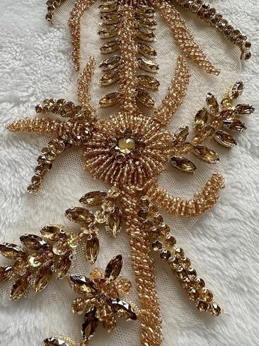 Handmade Shining Rhinestones lace Applique Patches Sewing Beads Sequins Stone Trim Accessories for Wedding Dress 1Pair/Bag 17.7X5inches (Champagne) in Kuwait