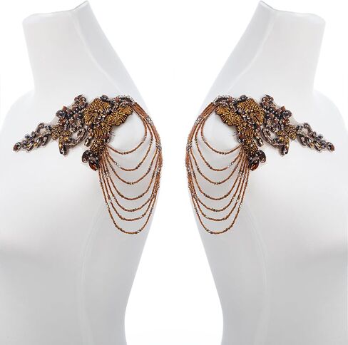 Blue Pair Beaded Rhinestones Applique Embellishment for Clothes,Epaulettes Shoulder Patches Sew-on Diamond Sequin Applique for Wedding Dress DIY Accessories in Kuwait