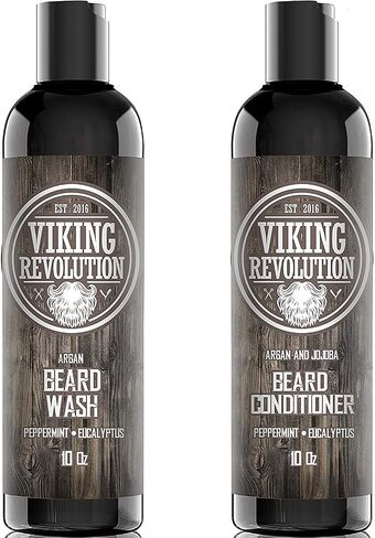 Viking Revolution Beard Wash & Beard Conditioner Set w/Argan & Jojoba Oils – Softens, Smooths & Strengthens Beard Growth - Natural Peppermint and Eucalyptus Scent - Beard Shampoo w/Beard Oil (10 oz) in Kuwait