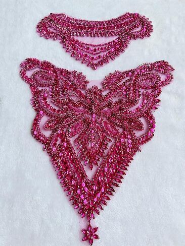 Handmade Rhinestones Applique sew on lace Crystal Sequins Trim Patches Accessories for Dress Clothing Neckline and Chest Decorative Material 2PCS/Set (Gold) in Kuwait