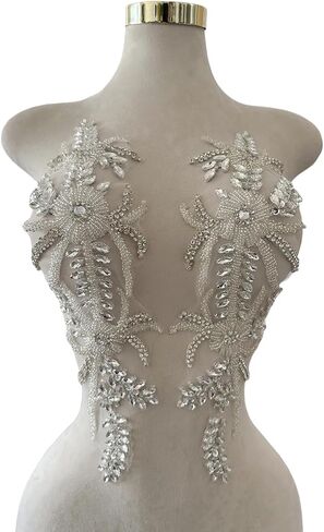 Handmade Shining Rhinestones lace Applique Patches Sewing Beads Sequins Stone Trim Accessories for Wedding Dress 1Pair/Bag 17.7X5inches (Champagne) in Kuwait