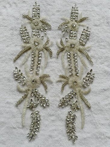Handmade Shining Rhinestones lace Applique Patches Sewing Beads Sequins Stone Trim Accessories for Wedding Dress 1Pair/Bag 17.7X5inches (Champagne) in Kuwait