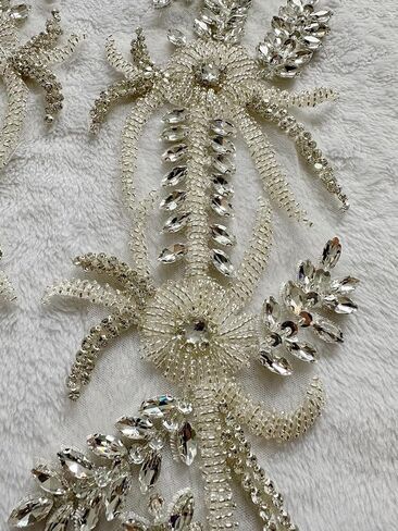 Handmade Shining Rhinestones lace Applique Patches Sewing Beads Sequins Stone Trim Accessories for Wedding Dress 1Pair/Bag 17.7X5inches (Champagne) in Kuwait