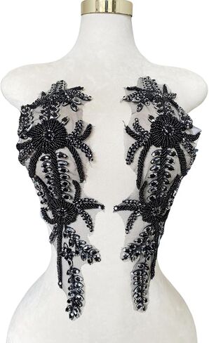 Handmade Shining Rhinestones lace Applique Patches Sewing Beads Sequins Stone Trim Accessories for Wedding Dress 1Pair/Bag 17.7X5inches (Champagne) in Kuwait