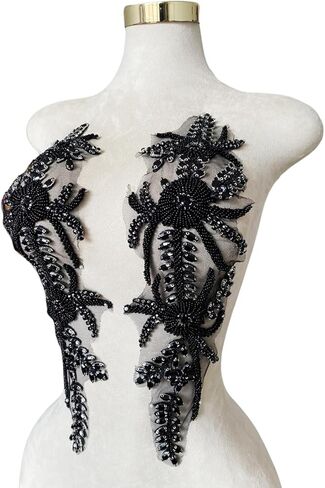 Handmade Shining Rhinestones lace Applique Patches Sewing Beads Sequins Stone Trim Accessories for Wedding Dress 1Pair/Bag 17.7X5inches (Champagne) in Kuwait