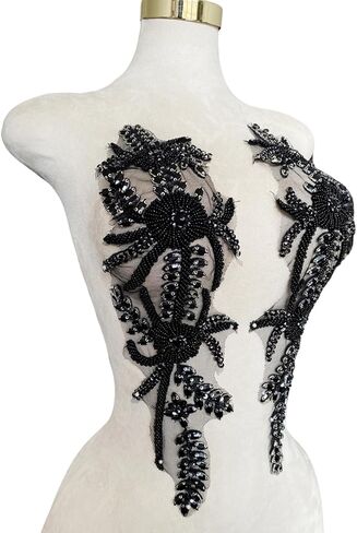 Handmade Shining Rhinestones lace Applique Patches Sewing Beads Sequins Stone Trim Accessories for Wedding Dress 1Pair/Bag 17.7X5inches (Champagne) in Kuwait