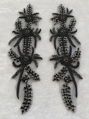 Handmade Shining Rhinestones lace Applique Patches Sewing Beads Sequins Stone Trim Accessories for Wedding Dress 1Pair/Bag 17.7X5inches (Champagne) in Kuwait