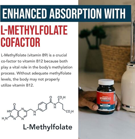 BioActive Vitamin B12 1000 mcg | Contains 3 BioActive B12 Forms Plus Methylfolate Cofactor - Methyl B12, Adenosyl B12 & Hydroxy B12 | Sublingual Form, Cherry Flavor, Organic, Vegan (180 Servings) in Kuwait