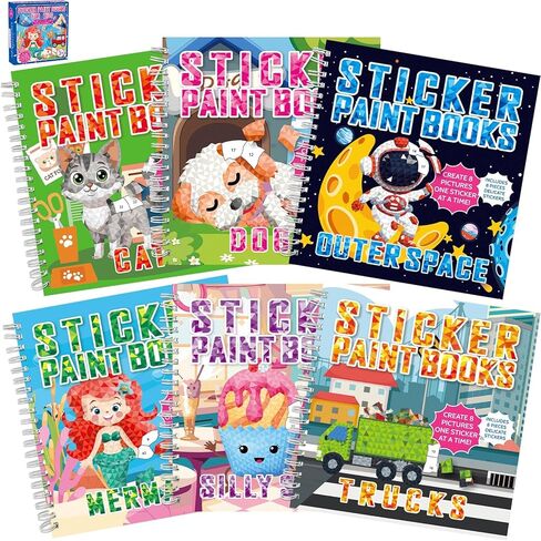 6 Pieces Crafts for Kids Sticker Paint Books Paint by Sticker Crafts Includes Dinosaur Unicorn Ocean Forest Farm Theme 48 Pictures Sticker Books Pack Set for Party Gifts in Kuwait