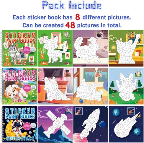 6 Pieces Crafts for Kids Sticker Paint Books Paint by Sticker Crafts Includes Dinosaur Unicorn Ocean Forest Farm Theme 48 Pictures Sticker Books Pack Set for Party Gifts in Kuwait